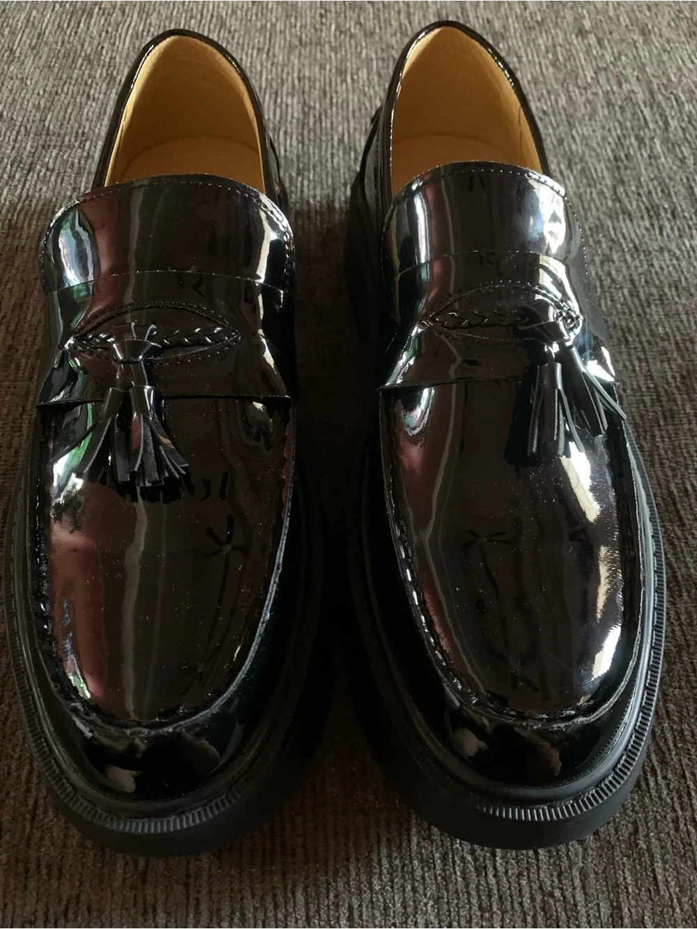 Men's Black Patent Tassel Loafers with Lug Sole